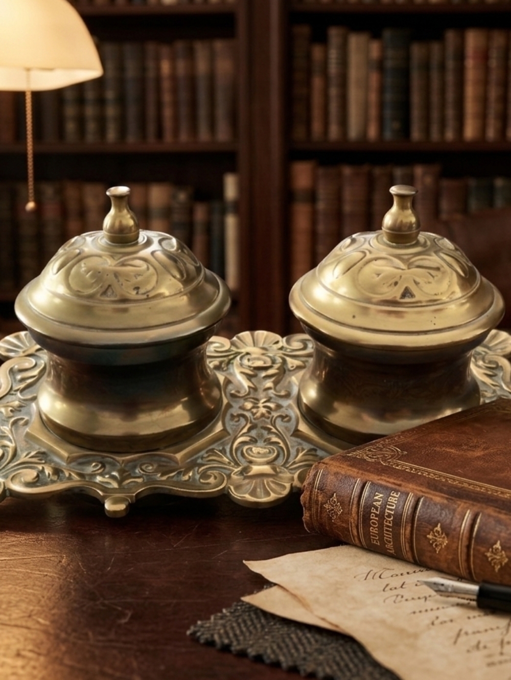 Antique Decor Ornate Brass Double Inkwell Standish Desk Set with Glass Inserts